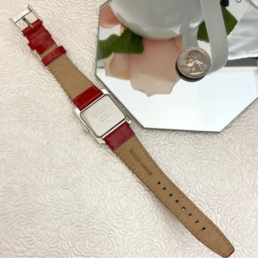 Sterling Signatures 925 Silver Tank Style Watch Mother of Pearl Dial Red Leather - Picture 10 of 16